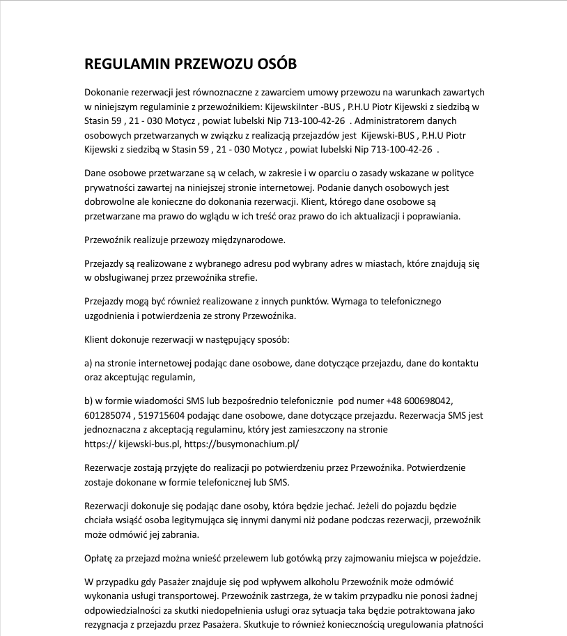 Regulamin przewozu osób